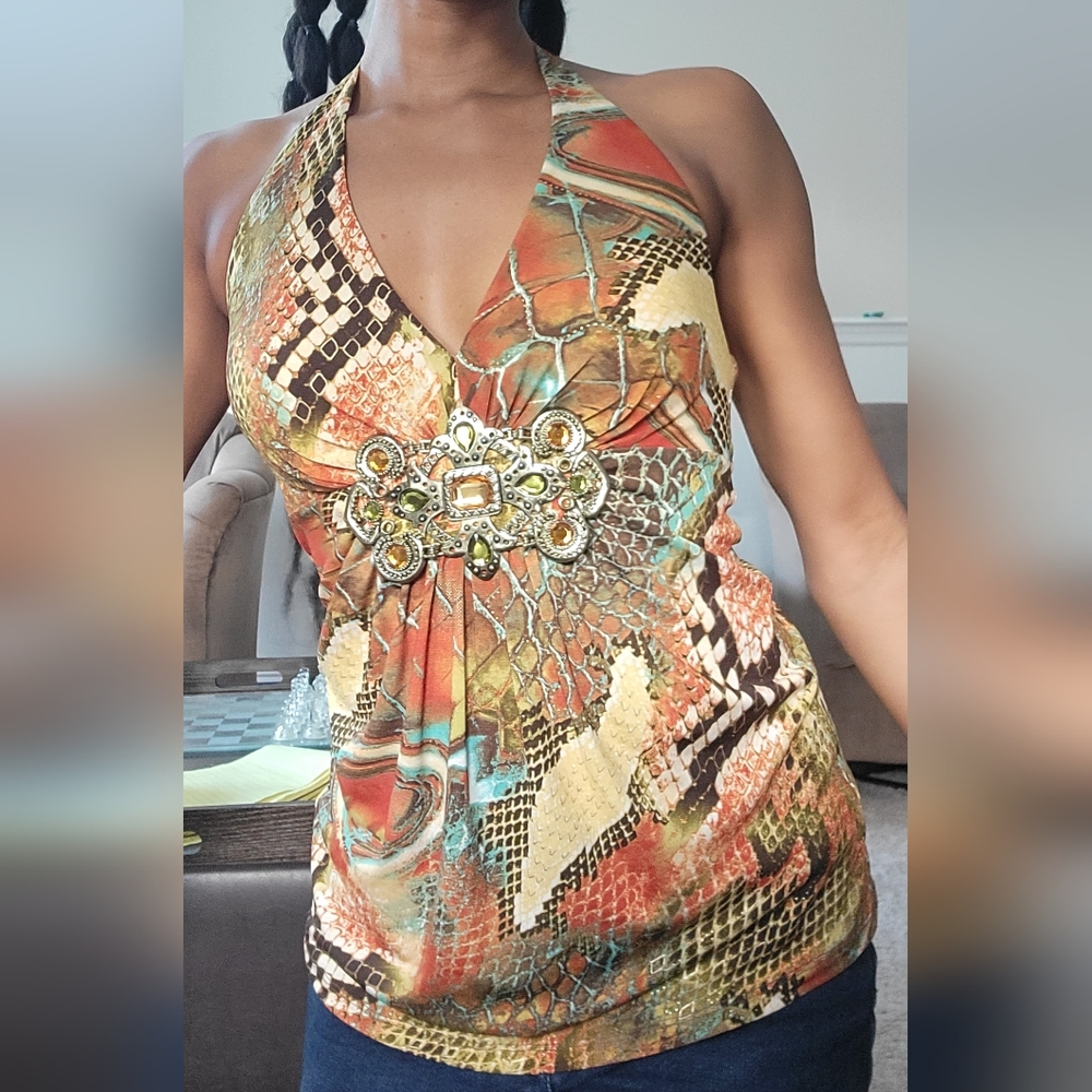 Beautiful Rare Caché Metal embelished halter top